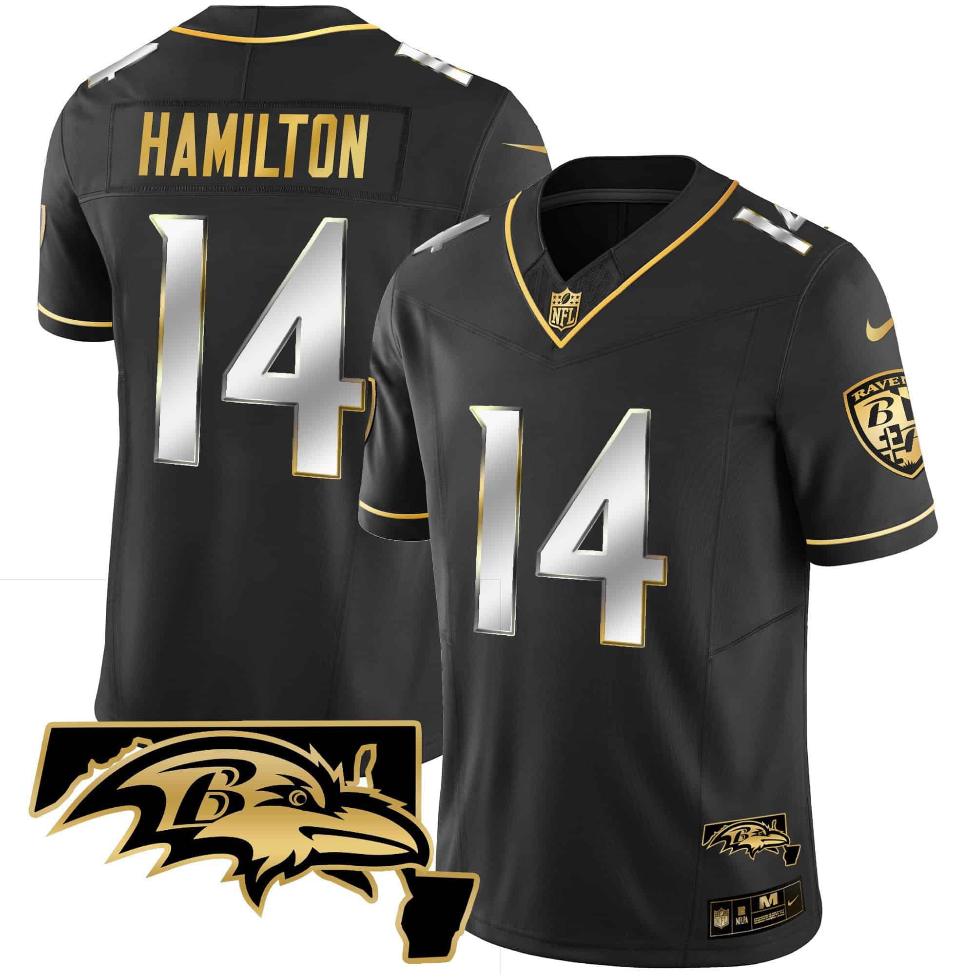 Men Baltimore Ravens #14 Hamilton Black Gold 2024 Nike Maryland Patch Vapor Limited NFL Jersey style 1